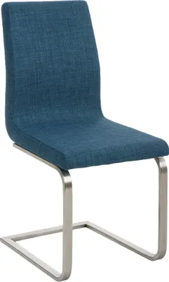 A single blue fabric chair with a silver metal frame, shown from a three-quarter angle against a white background.