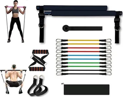 Produktbild von Famanu Pilatesstange - Hochwertige Fitnessstange mit Widerstandsbändern - Schwarz
