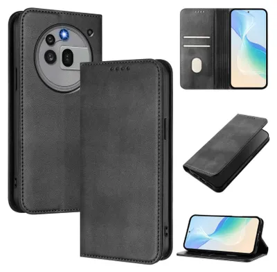 A collage of images showing a black leather phone case for a Nothing Phone (3a) Pro, including different angles and views of the case with a phone inside.