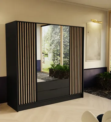 A modern wardrobe with mirrored doors and wooden slats is shown in a well-lit room with a painting on the wall and plants.