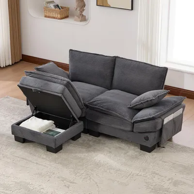 Immagine prodotto di Divano a due posti MODFU con porte USB e C Divano lounge con poggiapiedi e seduta ampia in velluto a coste Divano modulare con tasche laterali, ideale per il soggiorno Grigio