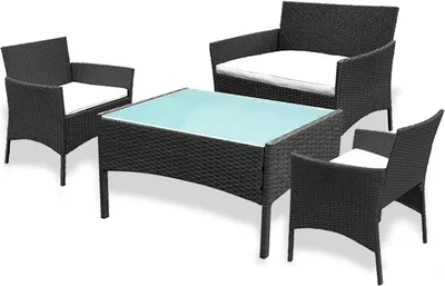 Image de Ensemble de salon en polyrotin Tabouret de jardin Fauteuil de salon Salon de jardin Ensemble de salon Canapé d'angle en polyrotin Meubles de jardin Noir