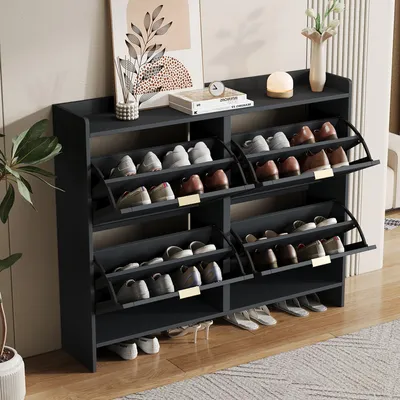 Image de Armoire à chaussures moderne, noire, avec 4 portes rabattables et un espace de rangement ouvert, idéale pour l'entrée