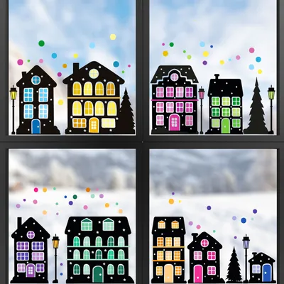 Produktbild von younikat Fensterbild Weihnachten Bunte Häuschen 87 Teile I bunt transparent I statisch haftend wiederverwendbar I Advent-Zeit I dv_1533