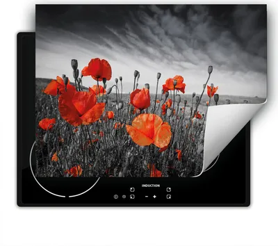 Produktbild von DarHaus Herdabdeckplatte 80x52 cm Anti Rutsch Matte Aufrollbar, grau - rot - Mohnblumen