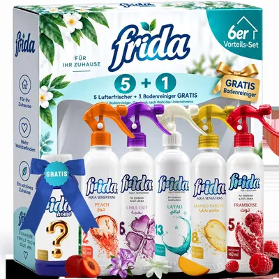 Frida Lufterfrischer Set mit Framboise, Peach, Layali, Mango Papaya, Chill Out und Allzweckreiniger