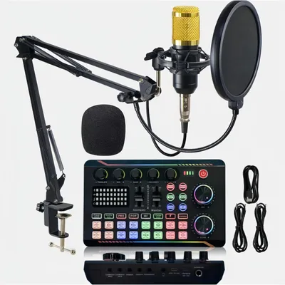 Immagine prodotto di Set microfono con scheda audio - Mixer Bluetooth - Senza fili - Per PC e smartphone - Registrazione e live streaming - Colore oro