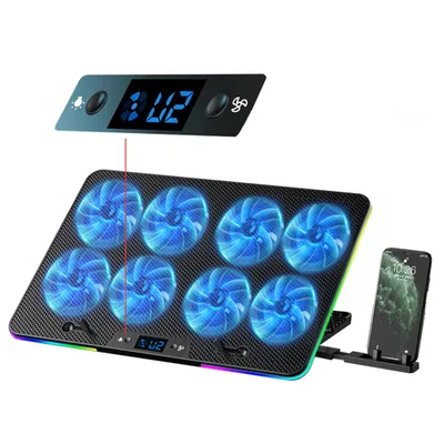 Produktbild von Laptop-Ständer & -halterungen, 8 Ventilatoren, 2000RPM, Notebook-Kühler, Dual-USB-Anschluss, RGB-Beleuchtung, Laptop-Kühlpad, mit Telefonhalter