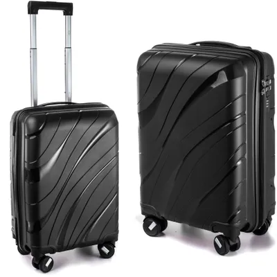 Two black suitcases are shown side-by-side against a white background. One is upright with its handle extended, and the other is lying on its side.