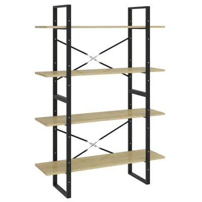 A four-shelf bookcase with a light wood finish and black metal frame, shown against a white background.