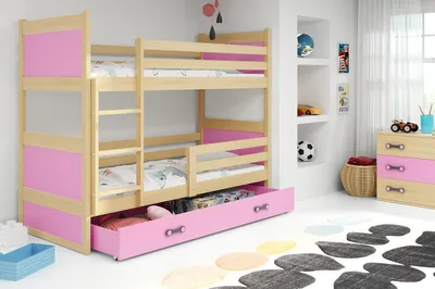 Image de Lit superposé enfant avec espace de rangement avec matelas 80x160 FERGUS - pin / rose