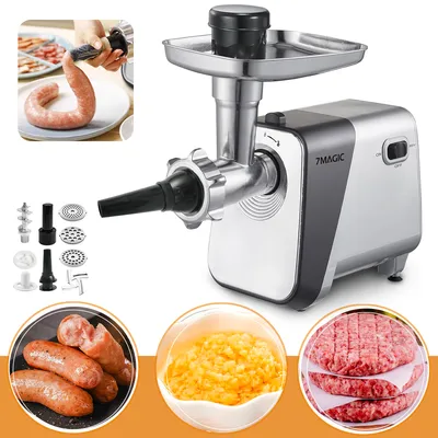 Produktbild von 7MAGIC Elektrischer Fleischwolf 600W, Wurstfüller Multi Küchenmaschine, Wurstmacher mit 3 Mahlplatten und Wurstfüllrohren für den Hausgebrauch, Silber