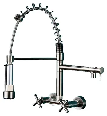 Produktbild von Björn | Wandmontierte Gastronomiearmatur in gebürstetem Silber | Küchenarmatur aus Edelstahl mit zwei Brausen | Wasserhahn für Doppelspülbecken im Restaurant