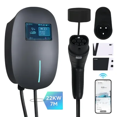 Obrázek produktu pro Nabíjecí stanice Puluomis Wallbox 22 kW, nabíjecí kabel 7 m, typ 2 s držákem, třífázová nabíječka pro elektromobily, nastavitelný proud 6–32 A, krytí IP65, s Wi-Fi a Bluetooth, 24hodinový časovač, šedá