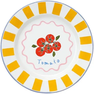 Produktbild von Handgefertigtes Emaille-Dinerbrett mit Tomatenmuster für Außenbereich