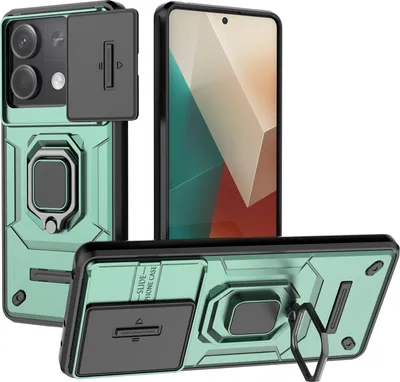 Obrázek produktu pro Pouzdro pro Xiaomi Redmi Note 13 5G dvouvrstvé pouzdro s posuvnou ochranou kamery a držákem prstenu, stojánek zelené