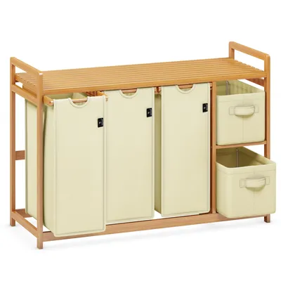 Produktbild von AdelDream Wäschekorb 5 Fächer Wäschesammler 190L Wäscheboxen Mit Korb Wäschesortierer mit 3 Wäschesäcken & 2 Stoffboxen mit Ablage Wäschesack Beige