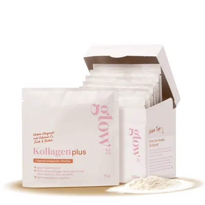 Produktbild von Glow25® Collagen Plus Sachets [10 Stück] - Kollagen Hydrolysat mit Vitamin C, Zink und Biotin - Peptide Typ 1 und 3 - Gute Löslichkeit - Neutral