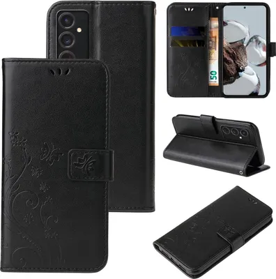 A collage of images showing a black floral butterfly flip phone case for a Samsung Galaxy S24.