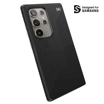 A black Speck Presidio2 Grip phone case for a Samsung Galaxy S24 Ultra is shown against a white background. The case has a textured grip pattern and a cutout for the camera array. A 'Designed for Samsung' logo is visible in the upper right corner.