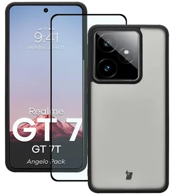 Produktbild von Schutzhülle + gehärtetem Glas für Realme GT 7 / 7T, Bizon Angelo Pack, Getönte mit schwarzem Rahmen