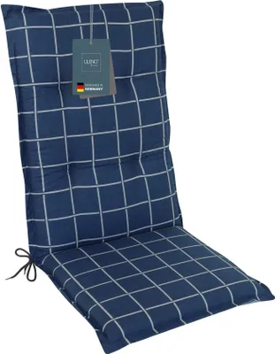 A dark blue chair cushion with a white grid pattern, shown against a white background.