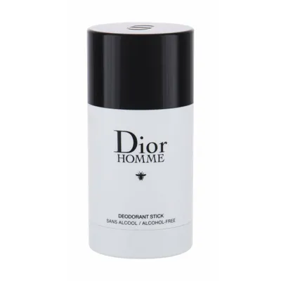 A white deodorant stick with a black cap, featuring the Dior Homme logo and product details.