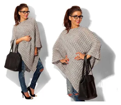 Produktbild von Damen Poncho Strick Umhang Grob Gr. S/M/L; Grau