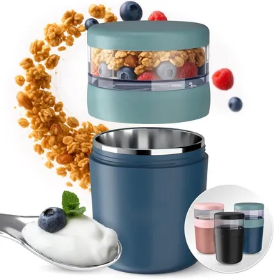 Produktbild von PromoHome® Müslibecher für unterwegs 650 ml - Edelstahl isoliert mit Löffel - Joghurtbecher für Brei, Müsli & Cornflakes - BPA-frei