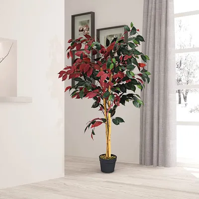 Produktbild von GOPLUS Kunstpflanzen  120 cm Hoch Künstliche Pflanze im Topf,mit echten Stämmchen, Zimmerpflanze im Blumentopf, Deko Pflanze Grün + Rot