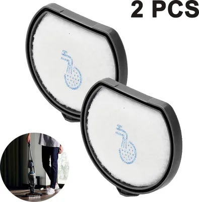 Two vacuum cleaner filters are shown, with a small inset image of a person using a vacuum cleaner.
