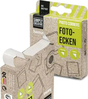 Two boxes of Hama Fotoecken (photo corners) are shown, one in the foreground and one in the background. The foreground box is partially open, revealing the product inside. The packaging is made of recycled cardboard and features green and white branding.