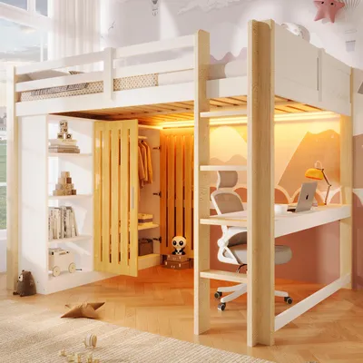 Image de Lit mezzanine 140 x 200 cm avec bureau, armoire et éclairage LED. En pin massif et MDF. Lit multifonctionnel pour adolescent. Stable. Sans matelas. Blanc naturel.
