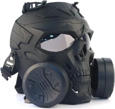 Produktbild von Taktische Maske für Airsoft und Paintball mit transparenter Linse und Turbolüfter – Mechanische Totenkopfmaske