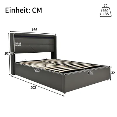 Image de Lit rembourré 160 x 200 cm avec coffre de rangement à ouverture hydraulique et bandeau LED, lit fonctionnel avec télécommande, sommier à lattes, PU, gris
