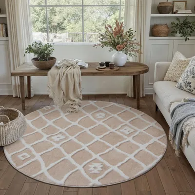 Productafbeelding van Rond Vloerkleed 120 cm, Beige en Wasbaar