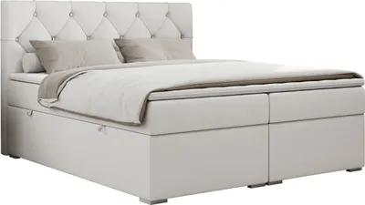 Produktbild von Boxspringbett 180x200 mit Bettkasten, Boxspringbett 180x200 mit Matratze, Doppelbett mit Matratze und Topper - Polsterbett mit Kopfteil - Stauraumbett - ALDA - 180x200 - Weiß - Kunstleder - H4