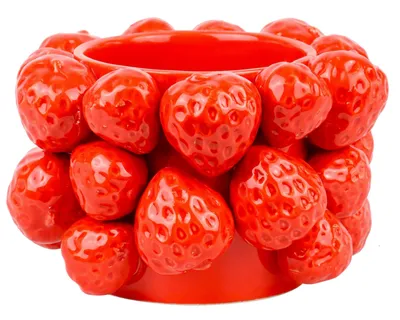 Produktbild von FURNARO Übertopf Fragola - Dekorativer Blumentopf aus roter Keramik mit Erdbeeroptik, ausgefallenes Design für Innenbereich, Ø16 cm