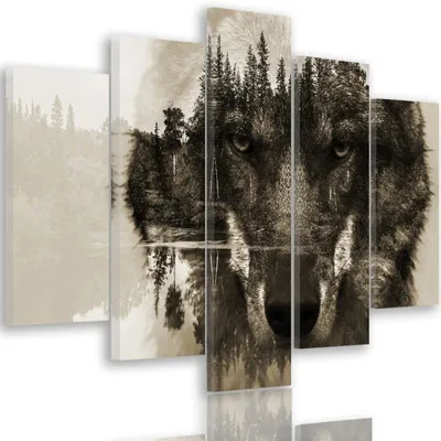 Produktbild von 5-teiliges leinwandbild wolf auf einem waldhintergrund - braun 150x100 cm Feeby braun wandbild bereit zum aufhängen