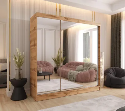 Produktbild von Schwebetürenschrank 3-türig 190x205x58 cm Eiche Wotan mit 3 Spiegeln und 2 schubladen – Moderner Kleiderschrank für Schlafzimmer und Flur