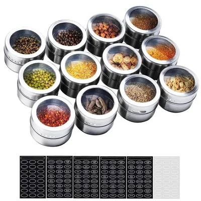 Immagine prodotto di Set di 12 contenitori per spezie in acciaio inossidabile trasparente, magnetici, con 120 etichette