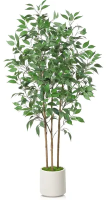 Produktbild von Künstlicher Ficus, 150 cm, realistisch – Großer, grüner Kunstbaum im weißen Topf für Wohnzimmer, Schlafzimmer, Büro, Garten