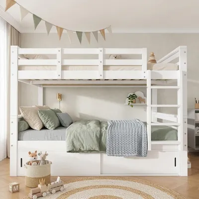 Obrázok produktu pre Poschodová posteľ 140 x 200 cm, rozdelená na 2 samostatné postele, s úložným priestorom s posuvnými dverami, bezpečnostnými zábranami a rebríkom, biela