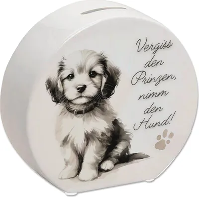 Produktbild von süßer Hund mit Halsband Spardose mit Spruch Vergiss den Prinzen nimm den Hund