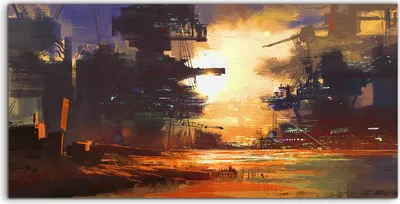 Produktbild von Coloray Canvas 120x60  Wandbild Leinwand Bilder Kunst Scifi Stadt bei Sonnenuntergang