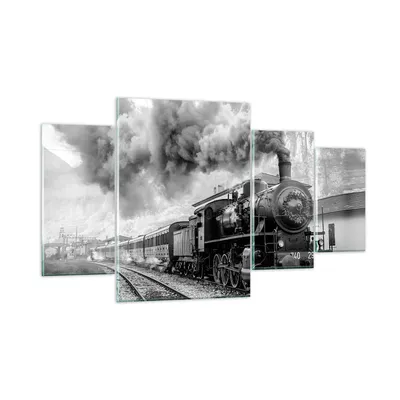 Produktbild von Bilder auf glas - 4 Teile - Zug Schwarzweiß Rauch - 160x90cm - Glasbilder - Wandbilder - Bilder - zum Aufhängen bereit - Wanddekoration aus Glas - Glas Bilder - Wandbild auf Glas - GDL160x90-4315
