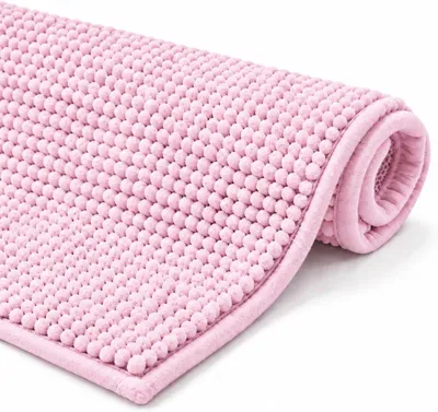 Image de Tapis de bain en microfibre antidérapant, doux, lavable et absorbant, de couleur rose, dimensions 40x60 cm