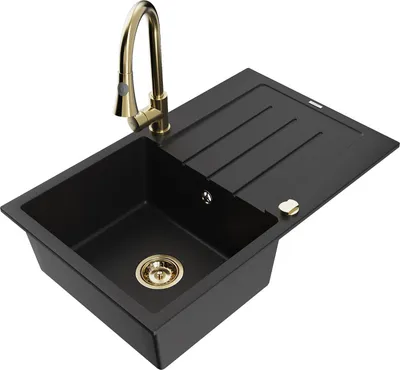 Produktbild von Mexen Bruno 1 Becken-Granitspüle mit Abtropffläche und Mischbatterie Elia, Schwarz - 6513-77-670101-50