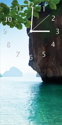 Produktbild von Wallario Design Wanduhr bedruckt, Größe 30 x 60 cm, Motiv: Fischerboot in Thailand  blaues Meer und Steinfelsen
