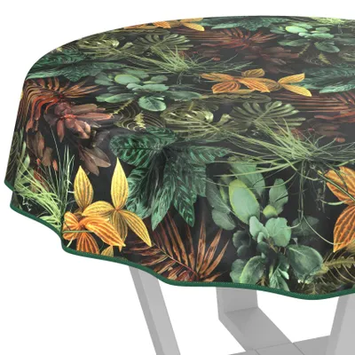 Tischdecke wasserabweisend abwaschbar Braun Rund 120cm Band Blätter Tropika  Wachstuch, Hauptbild
